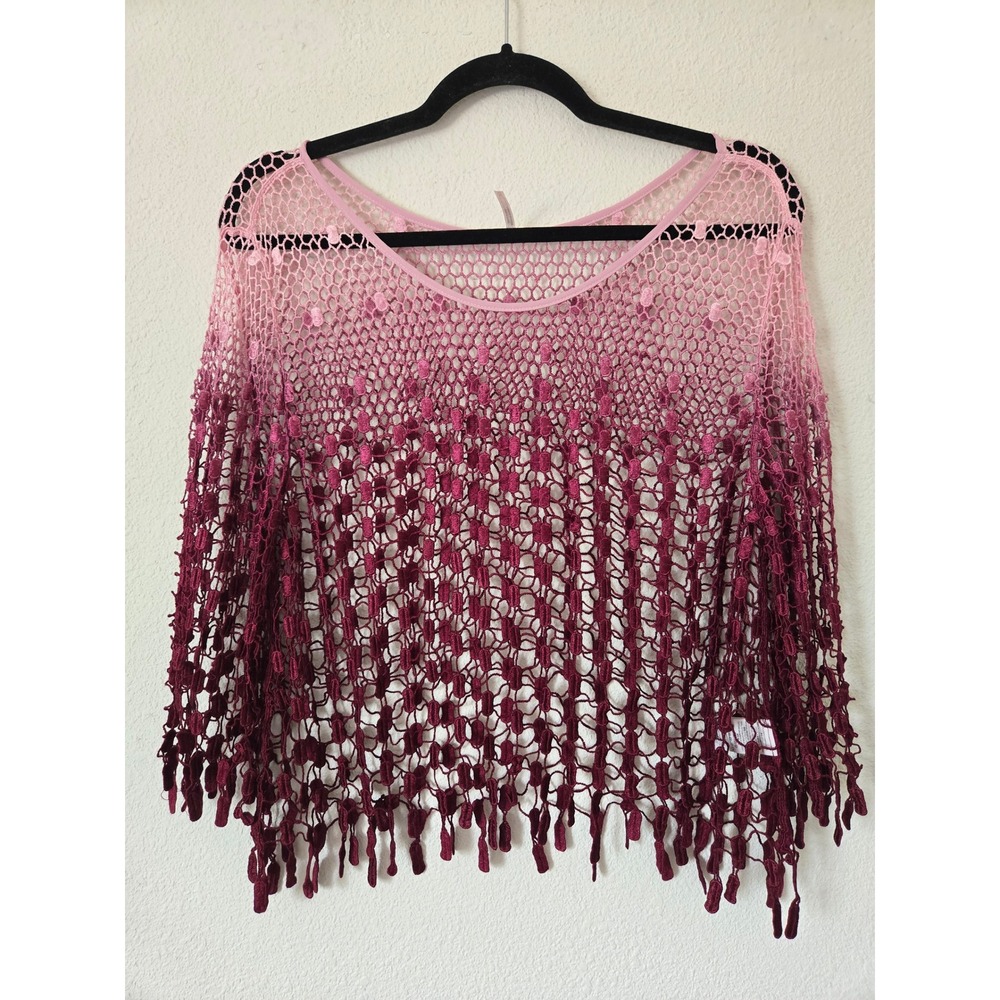 Free People Pink Ombre Mesh Fringe Top Medium Boho Festival Fairy Sheer Romantic - Picture 12 of 12
